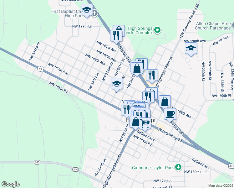 map of restaurants, bars, coffee shops, grocery stores, and more near in High Springs