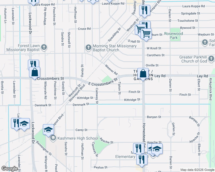 map of restaurants, bars, coffee shops, grocery stores, and more near 6714 Landor Street in Houston