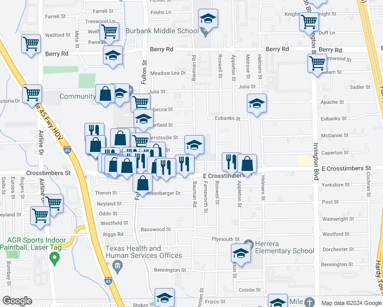 map of restaurants, bars, coffee shops, grocery stores, and more near 255 Palmyra Street in Houston