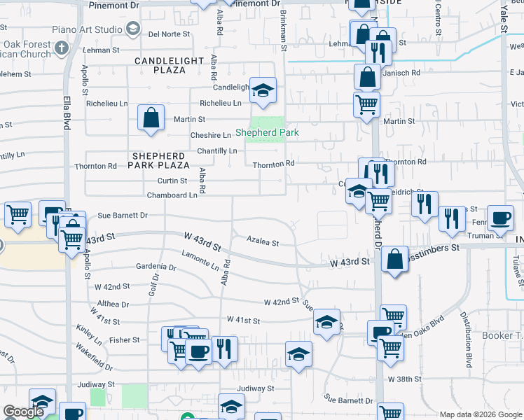 map of restaurants, bars, coffee shops, grocery stores, and more near 971 Chamboard Lane in Houston