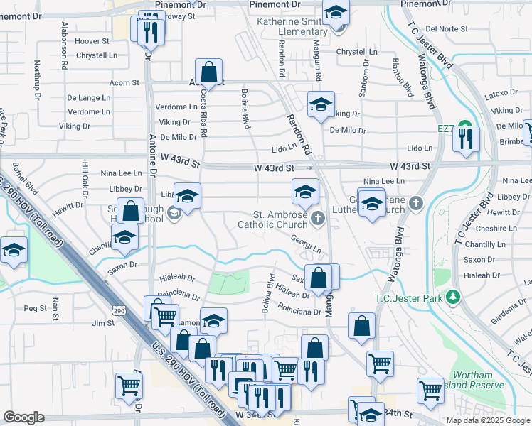 map of restaurants, bars, coffee shops, grocery stores, and more near 5029 Libbey Drive in Houston