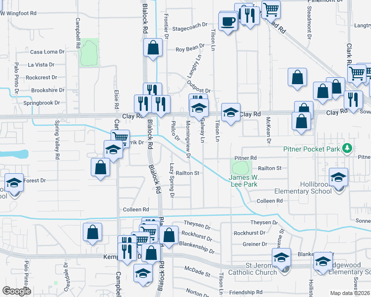 map of restaurants, bars, coffee shops, grocery stores, and more near 4102 Morningview Drive in Houston