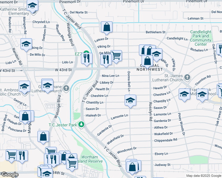 map of restaurants, bars, coffee shops, grocery stores, and more near 2121 Hewitt Drive in Houston