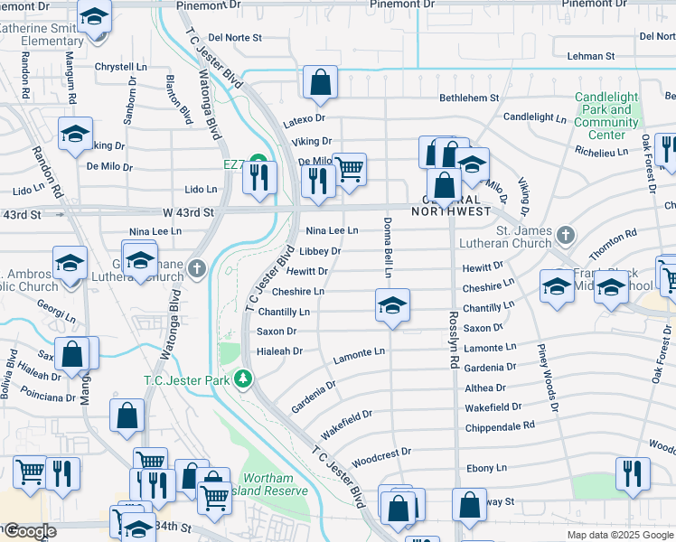 map of restaurants, bars, coffee shops, grocery stores, and more near 2124 Hewitt Drive in Houston