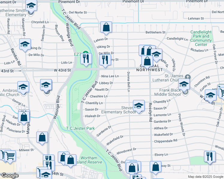 map of restaurants, bars, coffee shops, grocery stores, and more near 2122 Hewitt Drive in Houston