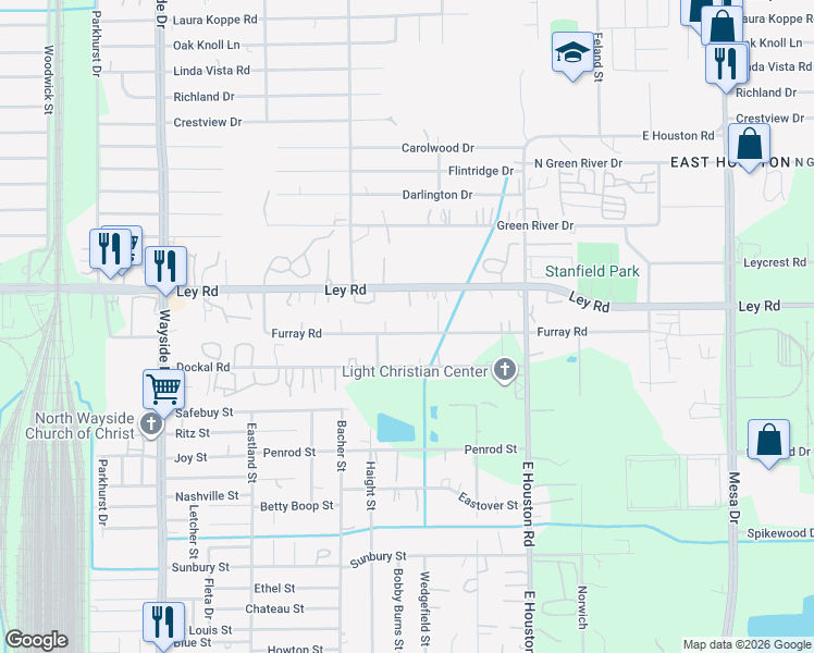 map of restaurants, bars, coffee shops, grocery stores, and more near 8318 Ley Road in Houston