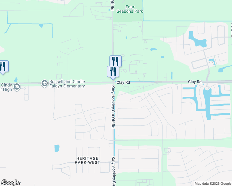 map of restaurants, bars, coffee shops, grocery stores, and more near 3398-3998 Katy Hockley Cut Off Road in Katy