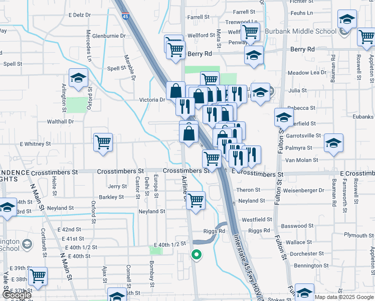 map of restaurants, bars, coffee shops, grocery stores, and more near 4479 North Freeway in Houston