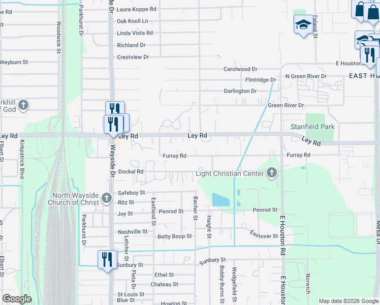 map of restaurants, bars, coffee shops, grocery stores, and more near 8021 Furray Road in Houston