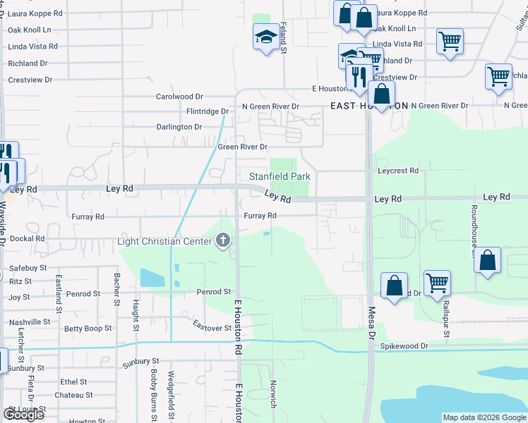 map of restaurants, bars, coffee shops, grocery stores, and more near 8542 Ley Road in Houston