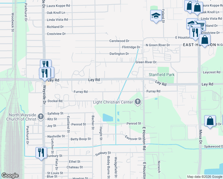 map of restaurants, bars, coffee shops, grocery stores, and more near 8318 Ley Road in Houston