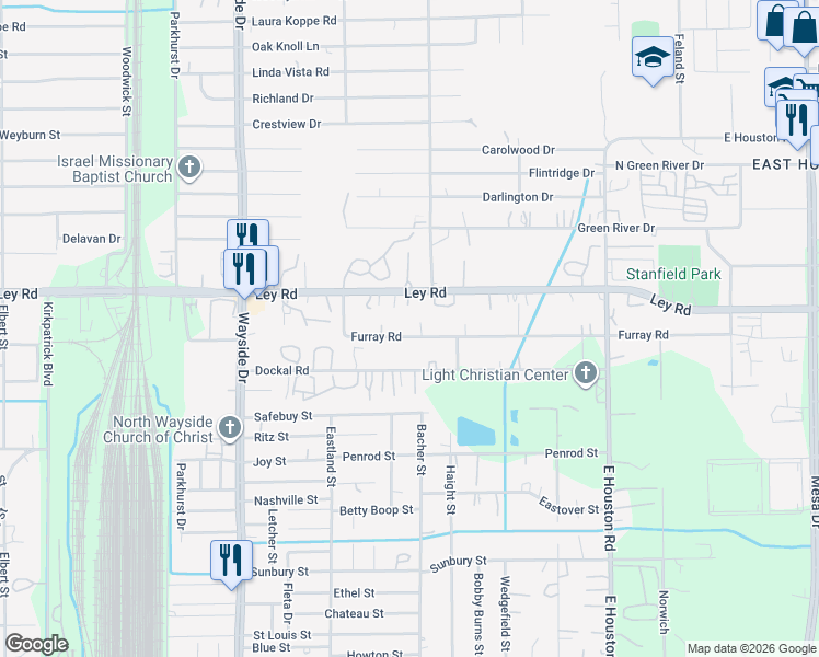 map of restaurants, bars, coffee shops, grocery stores, and more near 8021 Furray Road in Houston