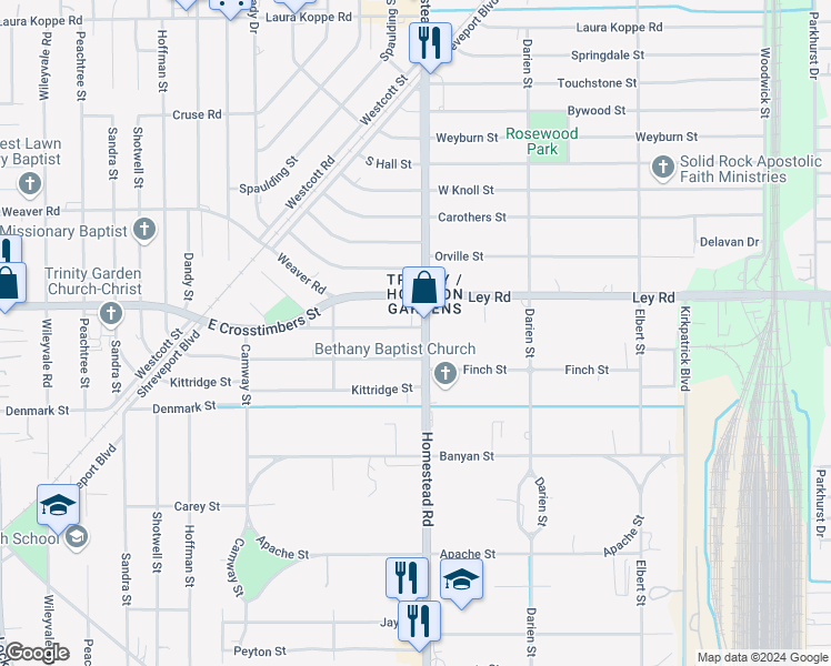 map of restaurants, bars, coffee shops, grocery stores, and more near 7501 Homestead Road in Houston