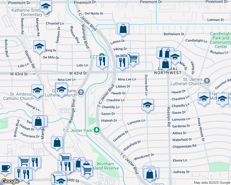 map of restaurants, bars, coffee shops, grocery stores, and more near 4262 T C Jester Boulevard in Houston
