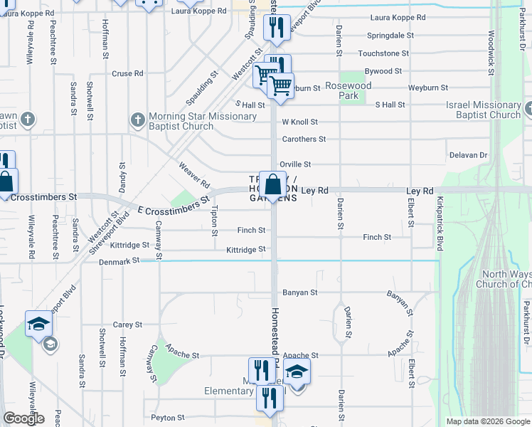 map of restaurants, bars, coffee shops, grocery stores, and more near 7417 Homestead Road in Houston