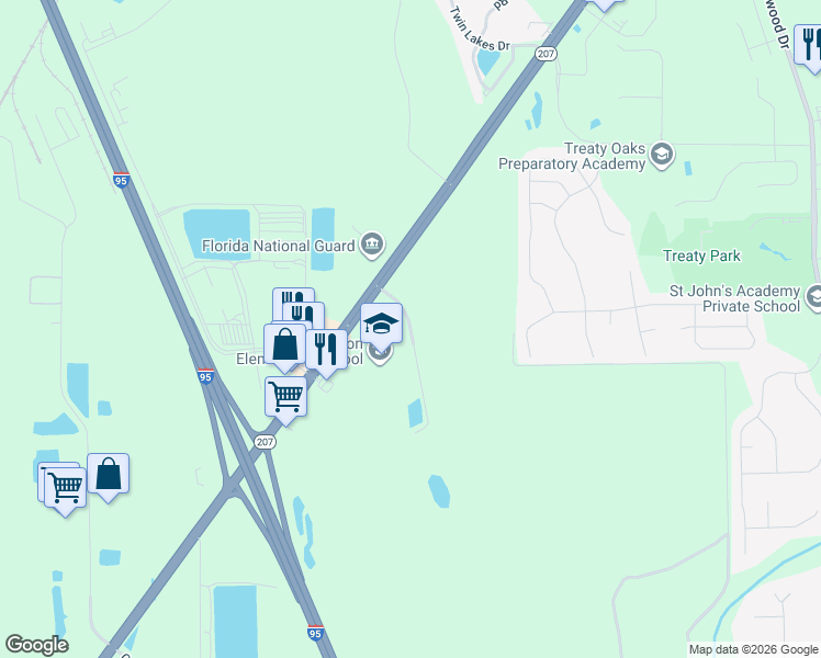 map of restaurants, bars, coffee shops, grocery stores, and more near 207 Mason Manatee Way in St. Augustine