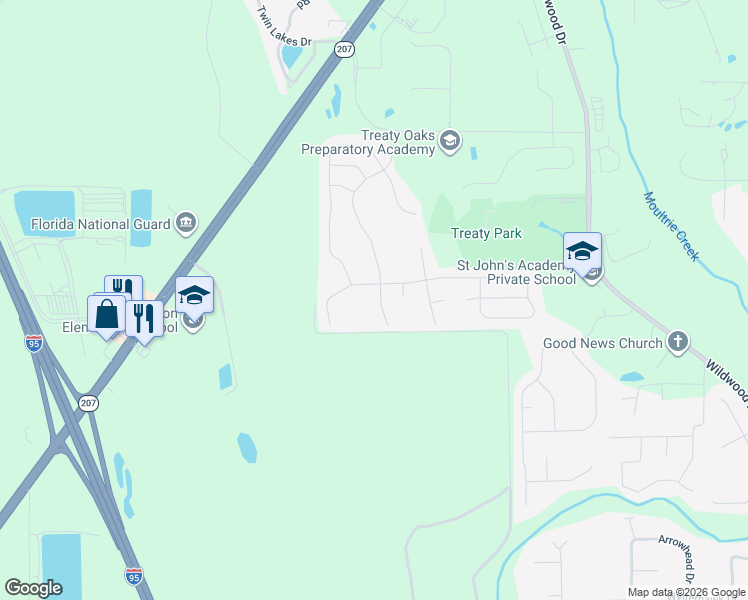 map of restaurants, bars, coffee shops, grocery stores, and more near 214 Sandstone Drive in St. Augustine