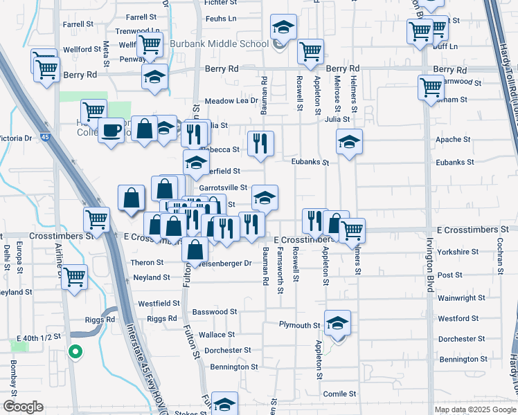 map of restaurants, bars, coffee shops, grocery stores, and more near 7523 Bauman Road in Houston