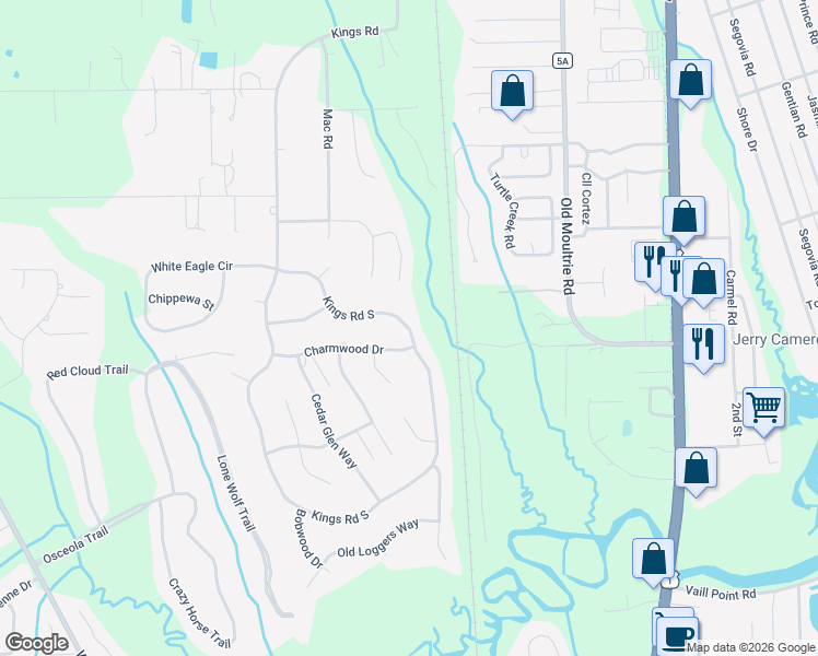 map of restaurants, bars, coffee shops, grocery stores, and more near 3505 Kings Road South in St. Augustine