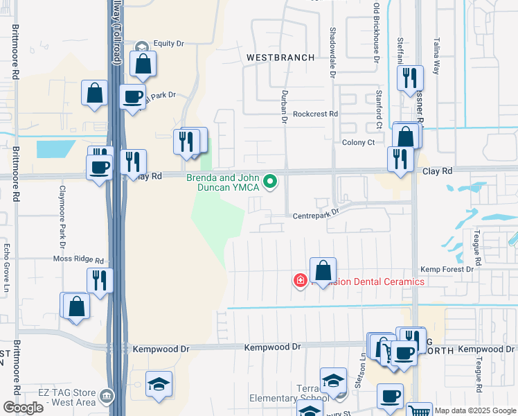 map of restaurants, bars, coffee shops, grocery stores, and more near 4003 Centre Meadow Way in Houston
