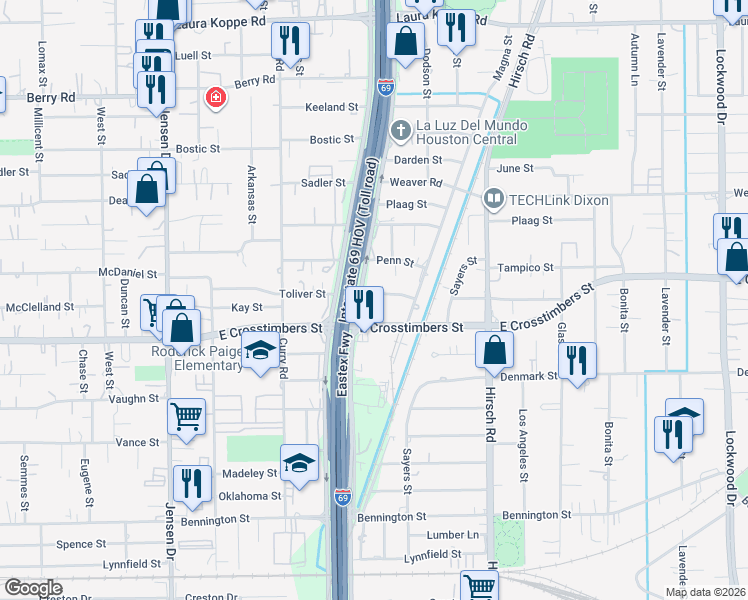 map of restaurants, bars, coffee shops, grocery stores, and more near 3520 Toliver Street in Houston