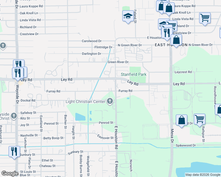 map of restaurants, bars, coffee shops, grocery stores, and more near 8429 Furray Road in Houston