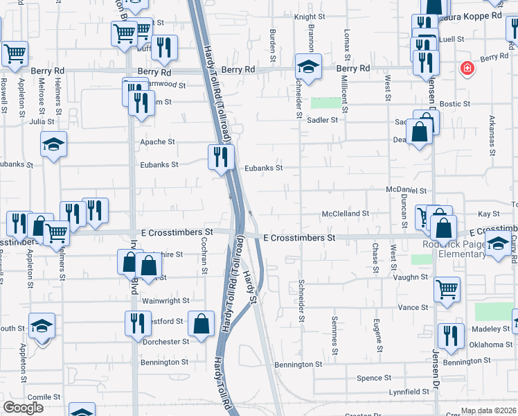 map of restaurants, bars, coffee shops, grocery stores, and more near 1709 McClelland Street in Houston