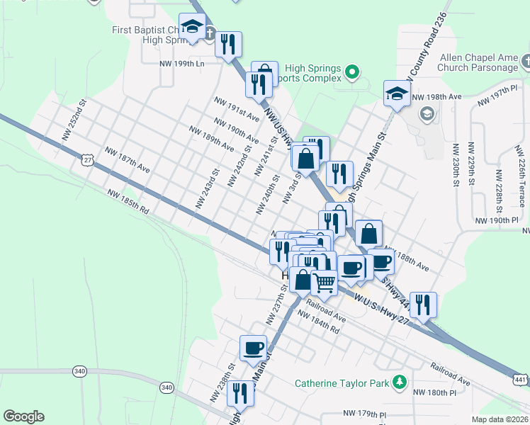 map of restaurants, bars, coffee shops, grocery stores, and more near in High Springs