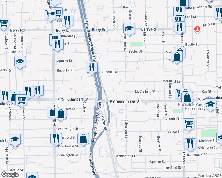 map of restaurants, bars, coffee shops, grocery stores, and more near 1709 McClelland Street in Houston