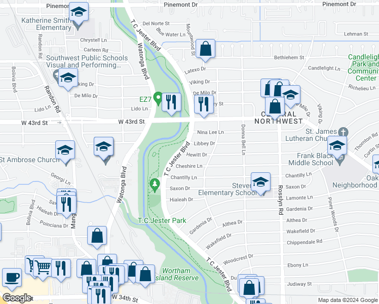 map of restaurants, bars, coffee shops, grocery stores, and more near 2326 Hewitt Drive in Houston