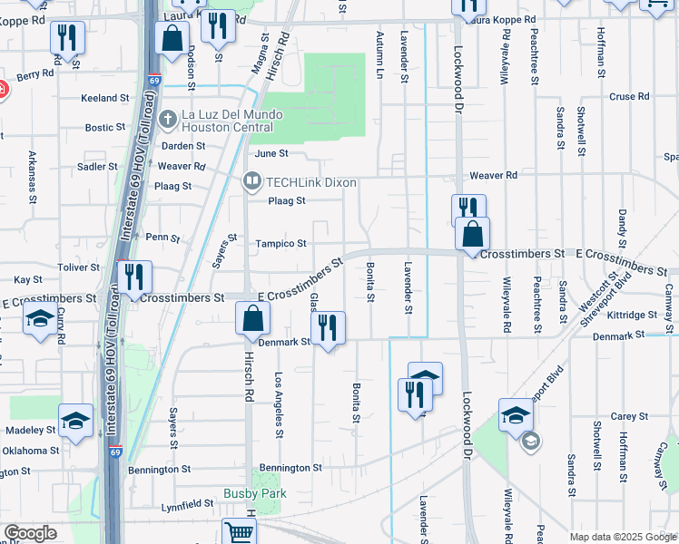 map of restaurants, bars, coffee shops, grocery stores, and more near 7721 Pointer Street in Houston