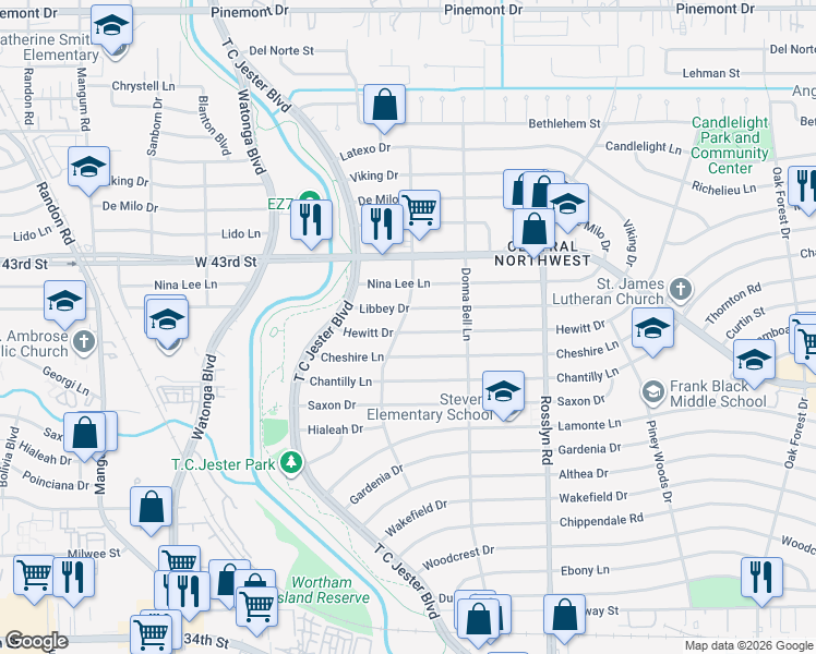 map of restaurants, bars, coffee shops, grocery stores, and more near 2114 Hewitt Drive in Houston