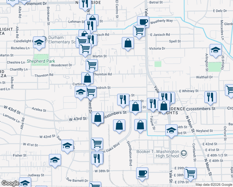 map of restaurants, bars, coffee shops, grocery stores, and more near 535 Heidrich Street in Houston