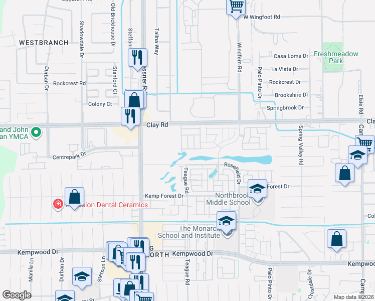 map of restaurants, bars, coffee shops, grocery stores, and more near 9983-10005 Clay Road in Houston