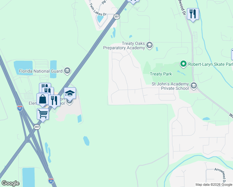 map of restaurants, bars, coffee shops, grocery stores, and more near 167 Sandstone Drive in St. Augustine