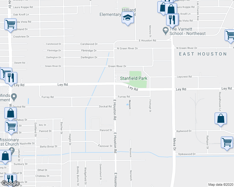 map of restaurants, bars, coffee shops, grocery stores, and more near 7502 East Houston Road in Houston