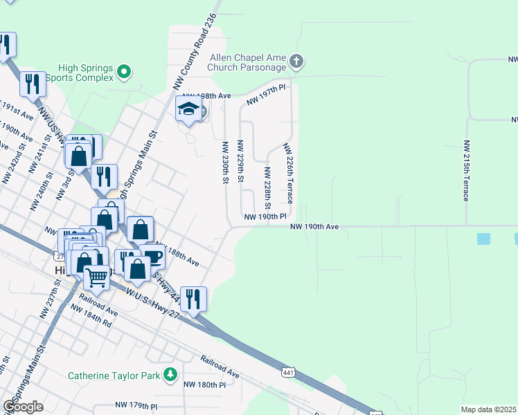 map of restaurants, bars, coffee shops, grocery stores, and more near 19115 Northwest 228th Way in High Springs