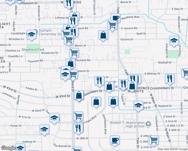 map of restaurants, bars, coffee shops, grocery stores, and more near 535 Heidrich Street in Houston