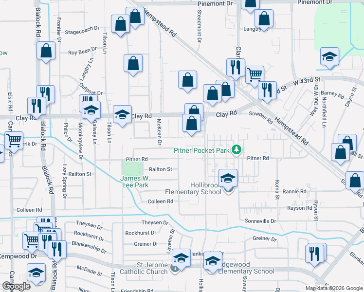 map of restaurants, bars, coffee shops, grocery stores, and more near 8835 Eldora Dr in Houston