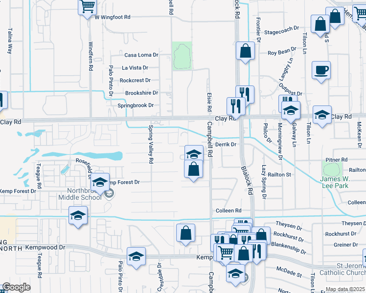 map of restaurants, bars, coffee shops, grocery stores, and more near 4023 Clarblak Lane in Houston