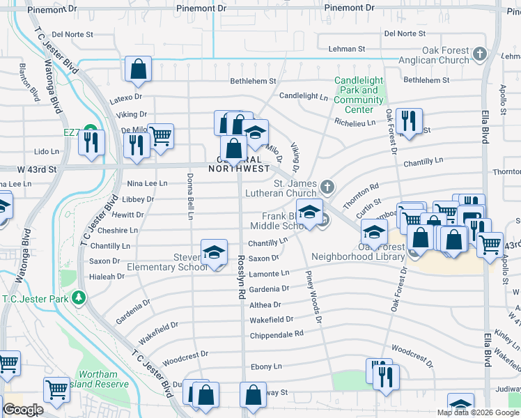 map of restaurants, bars, coffee shops, grocery stores, and more near 1710 Hewitt Drive in Houston