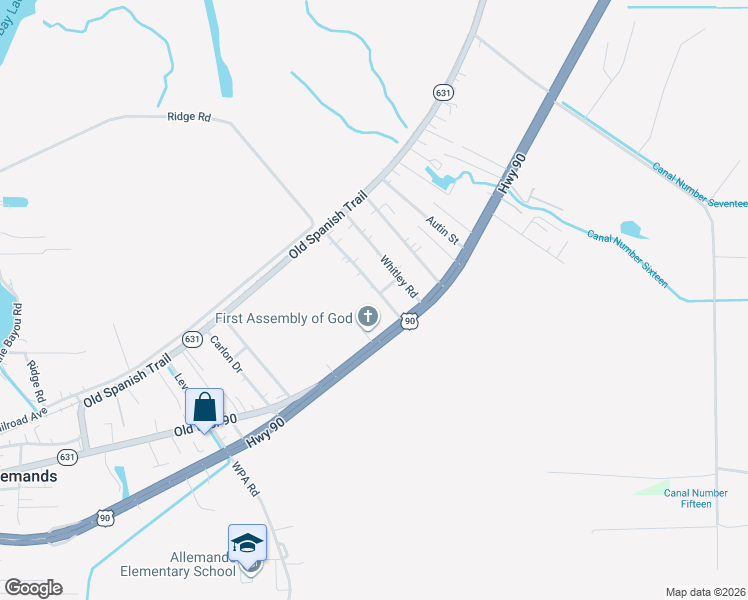 map of restaurants, bars, coffee shops, grocery stores, and more near 145 Wenger Road in Des Allemands