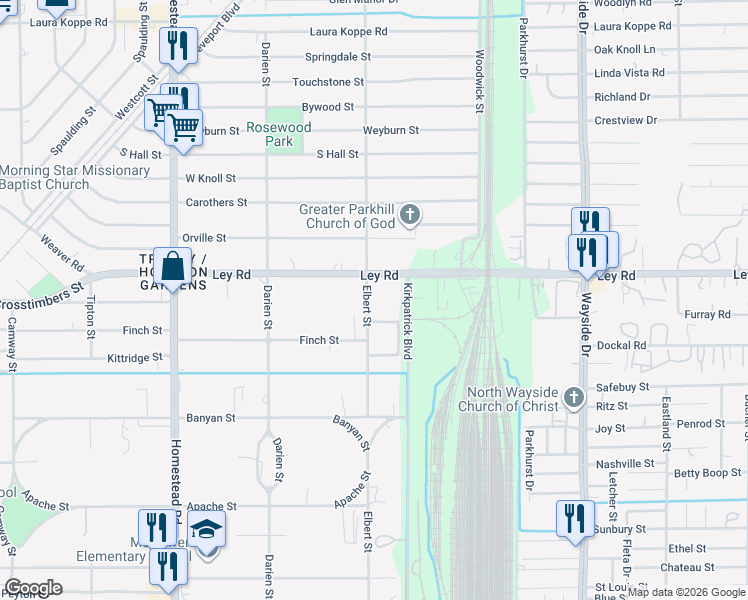 map of restaurants, bars, coffee shops, grocery stores, and more near 7520 Elbert Street in Houston