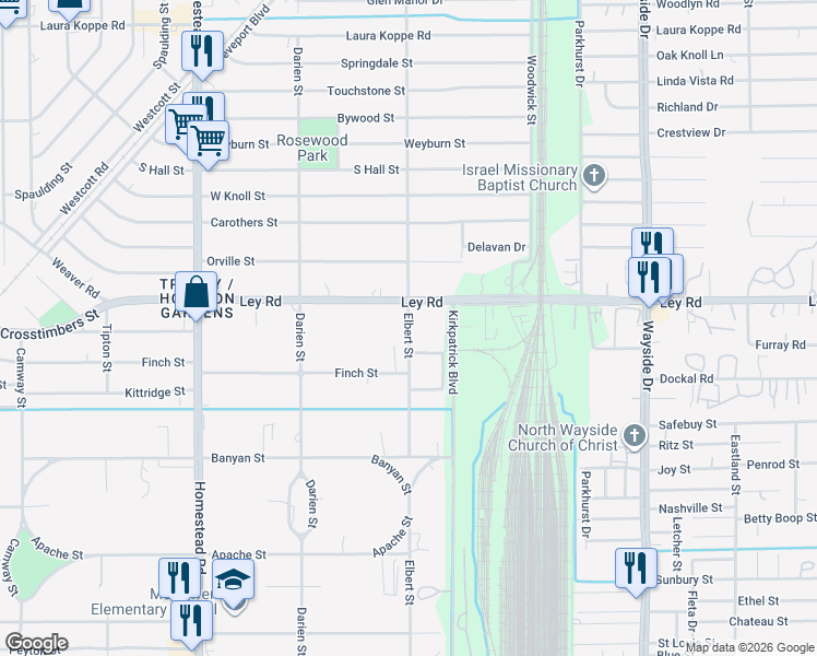 map of restaurants, bars, coffee shops, grocery stores, and more near 7520 Elbert Street in Houston