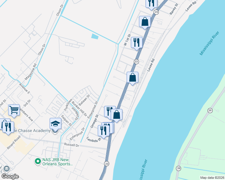 map of restaurants, bars, coffee shops, grocery stores, and more near 120 Berger Street in Belle Chasse