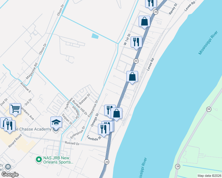 map of restaurants, bars, coffee shops, grocery stores, and more near 120 Berger Street in Belle Chasse