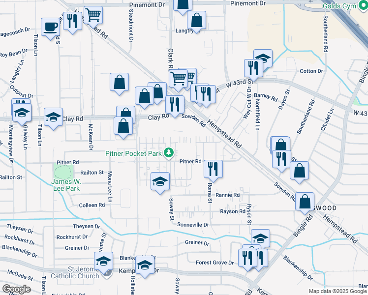 map of restaurants, bars, coffee shops, grocery stores, and more near 8650 Pitner Road in Houston