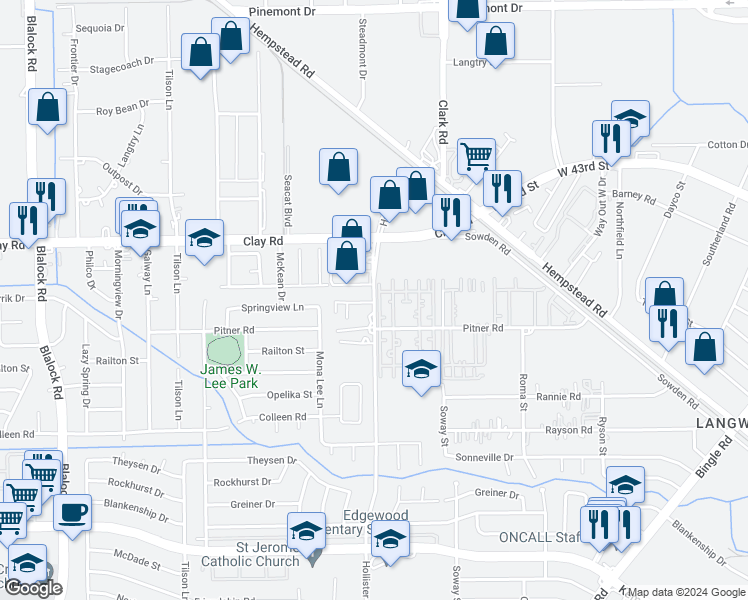 map of restaurants, bars, coffee shops, grocery stores, and more near 4075 Hollister Road in Houston