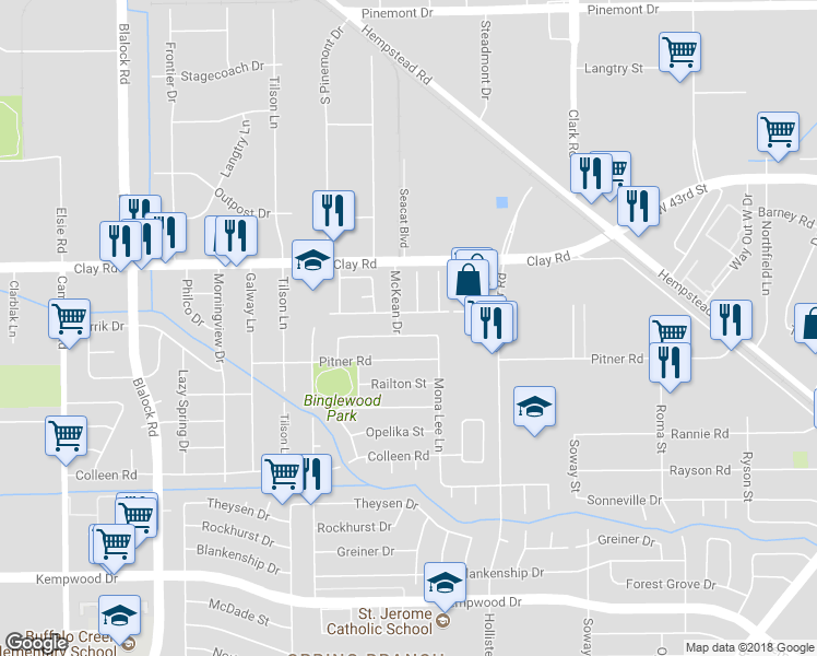 map of restaurants, bars, coffee shops, grocery stores, and more near 8918 Springview Lane in Houston
