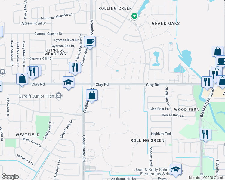 map of restaurants, bars, coffee shops, grocery stores, and more near 19218 Clay Road in Katy
